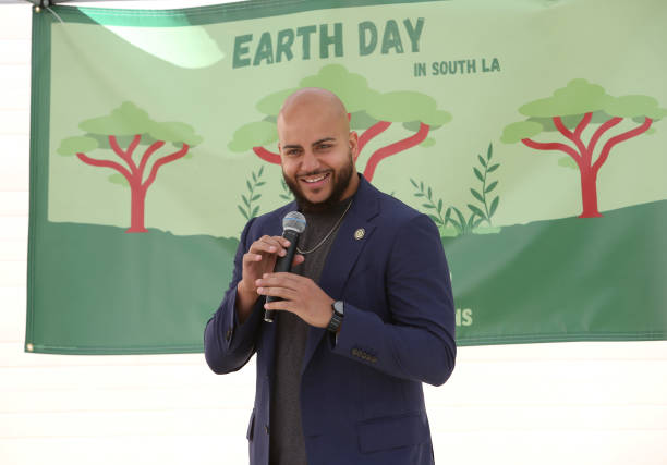Isaac Bryan speaking at an Earth Day event in South Los Angeles