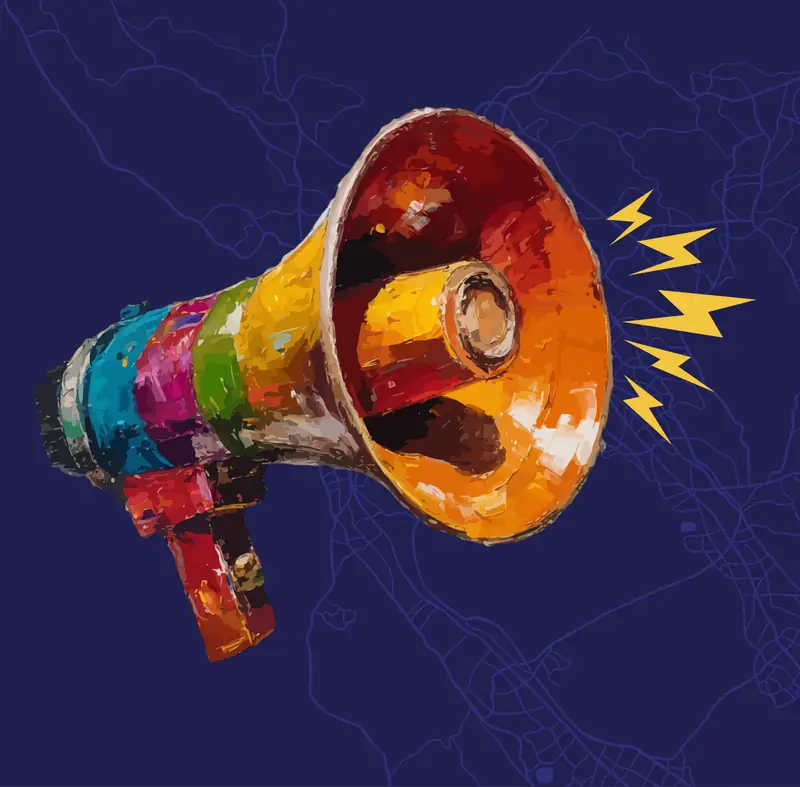 Megaphone illustration over a District 55 street map
